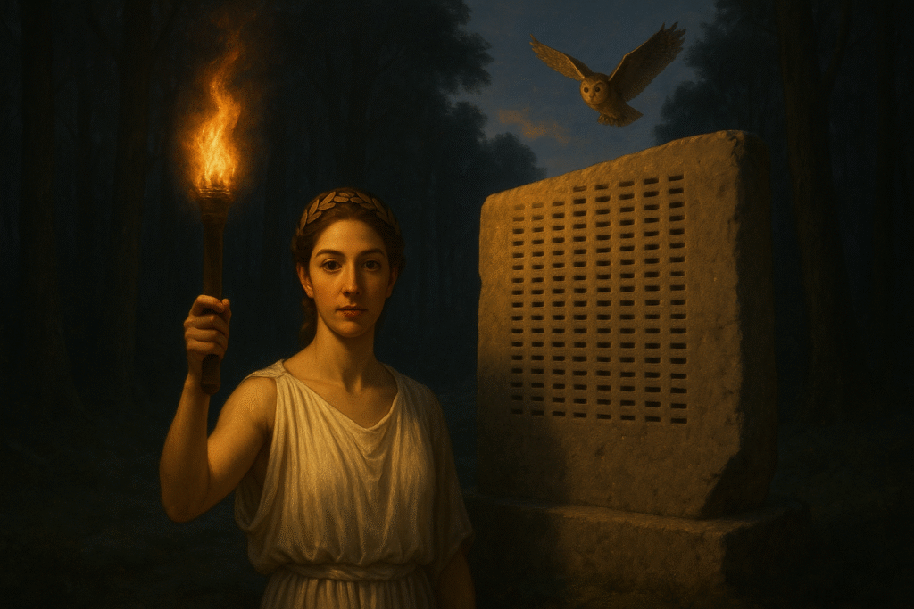 A female Athenian (in antique apparel) with a torch in her hand standing in front of what appears to be a kleroterion in a dark forest at night. There is an owl in the background.